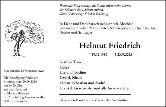 Traueranzeige von Helmut Friedrich von Dill Block