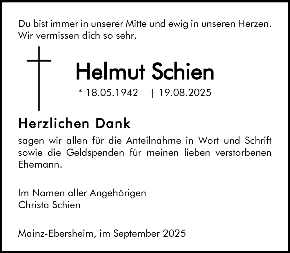  Traueranzeige für Helmut Schien vom 27.09.2025 aus Allgemeine Zeitung Mainz
