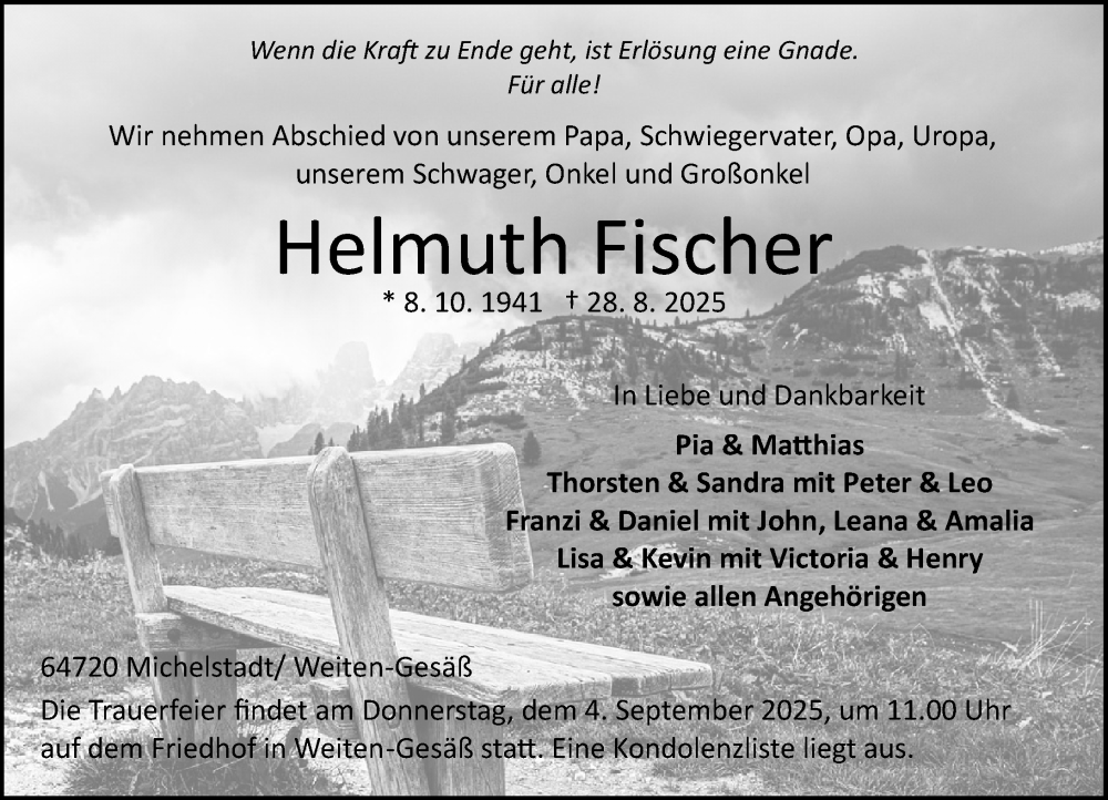  Traueranzeige für Helmuth Fischer vom 30.08.2025 aus Odenwälder Echo