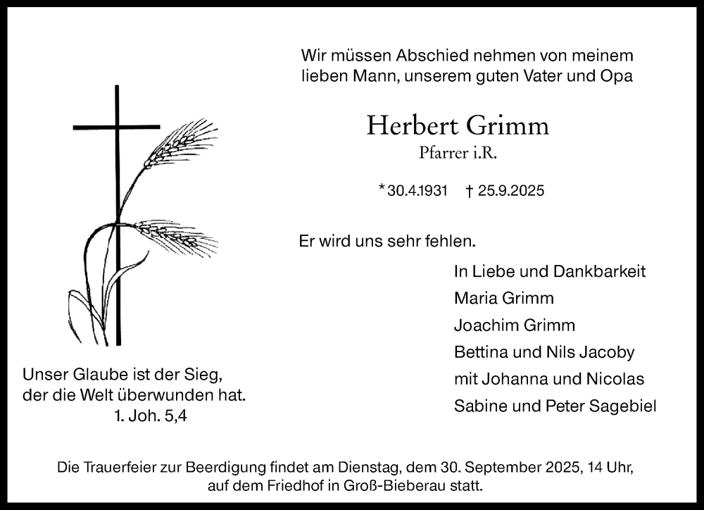  Traueranzeige für Herbert Grimm vom 27.09.2025 aus Darmstädter Echo