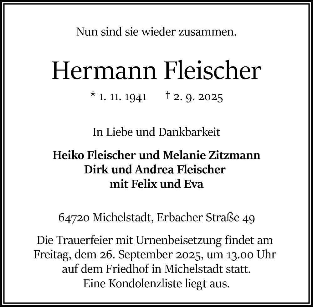  Traueranzeige für Hermann Fleischer vom 06.09.2025 aus Odenwälder Echo