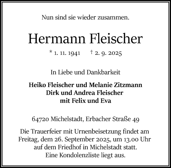 Traueranzeige von Hermann Fleischer von Odenwälder Echo