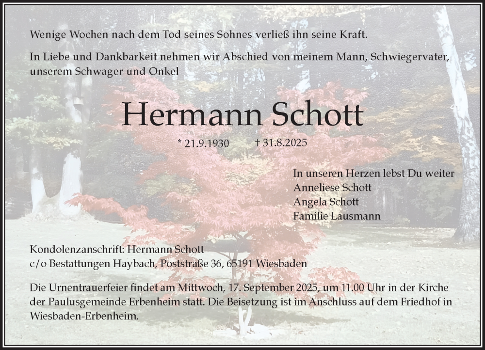  Traueranzeige für Hermann Schott vom 13.09.2025 aus Wiesbadener Kurier