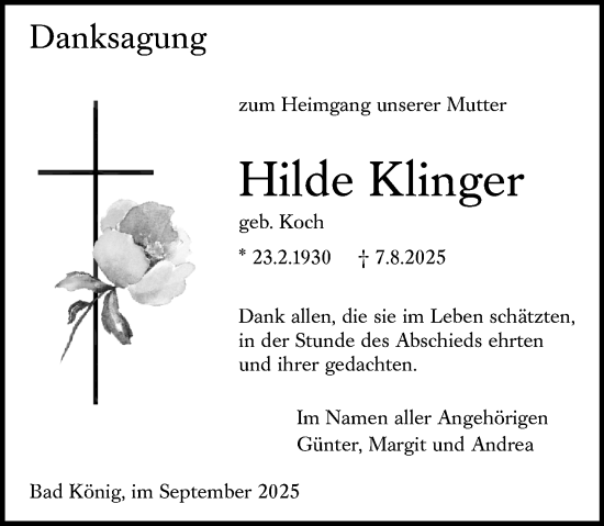 Traueranzeige von Hilde Klinger von Odenwälder Echo