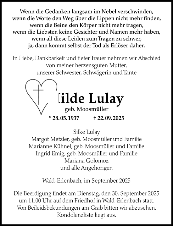 Traueranzeige von Hilde Lulay von Starkenburger Echo