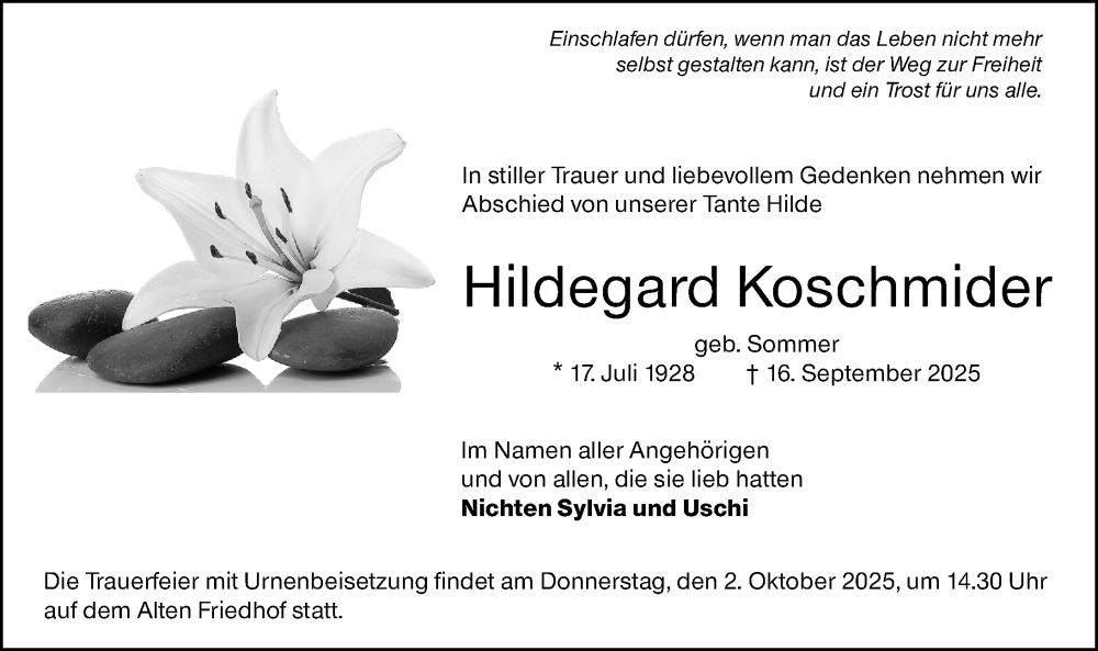  Traueranzeige für Hildegard Koschmider vom 26.09.2025 aus Hochheimer Zeitung