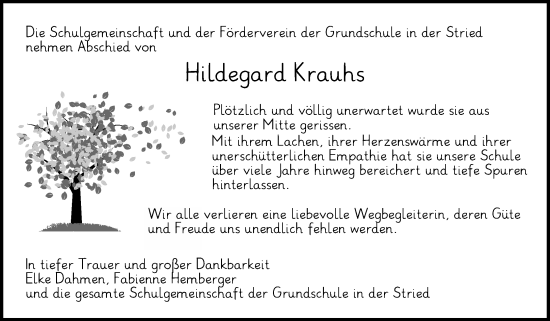 Traueranzeige von Hildegard Krauhs von Odenwälder Echo