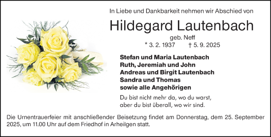 Traueranzeige von Hildegard Lautenbach von Darmstädter Echo
