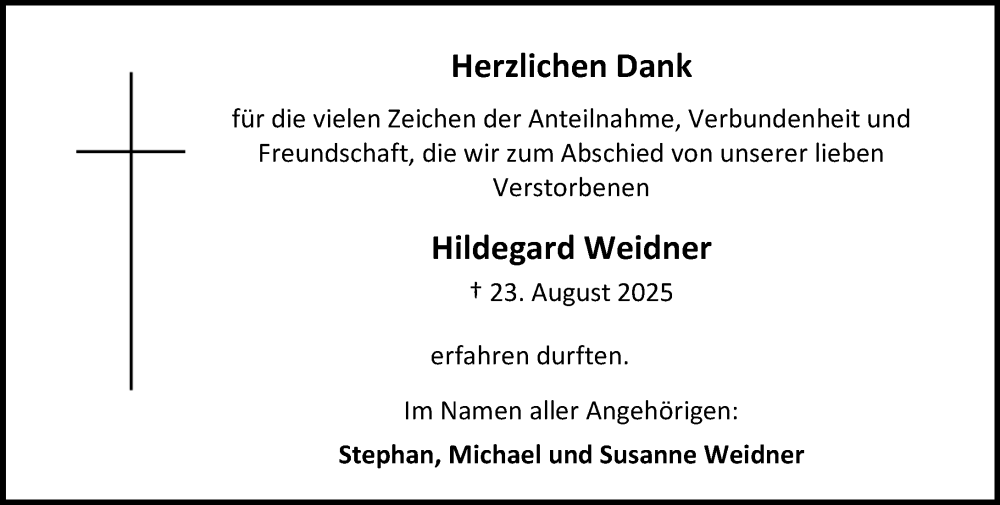  Traueranzeige für Hildegard Weidner vom 20.09.2025 aus Allgemeine Zeitung Mainz
