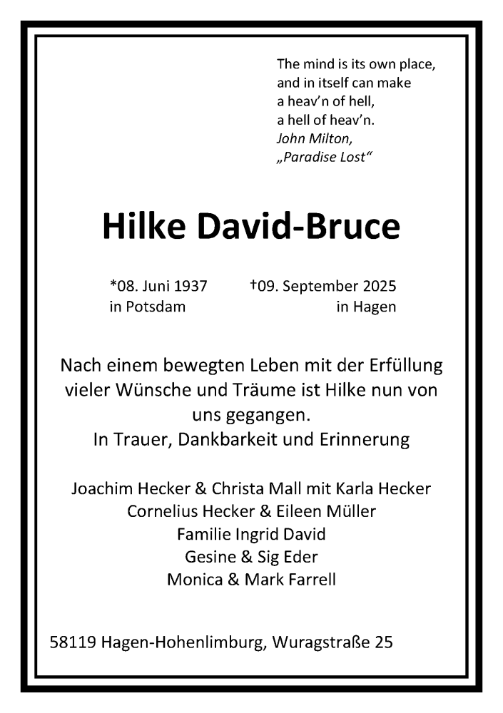  Traueranzeige für Hilke David-Bruce vom 27.09.2025 aus Allgemeine Zeitung Mainz