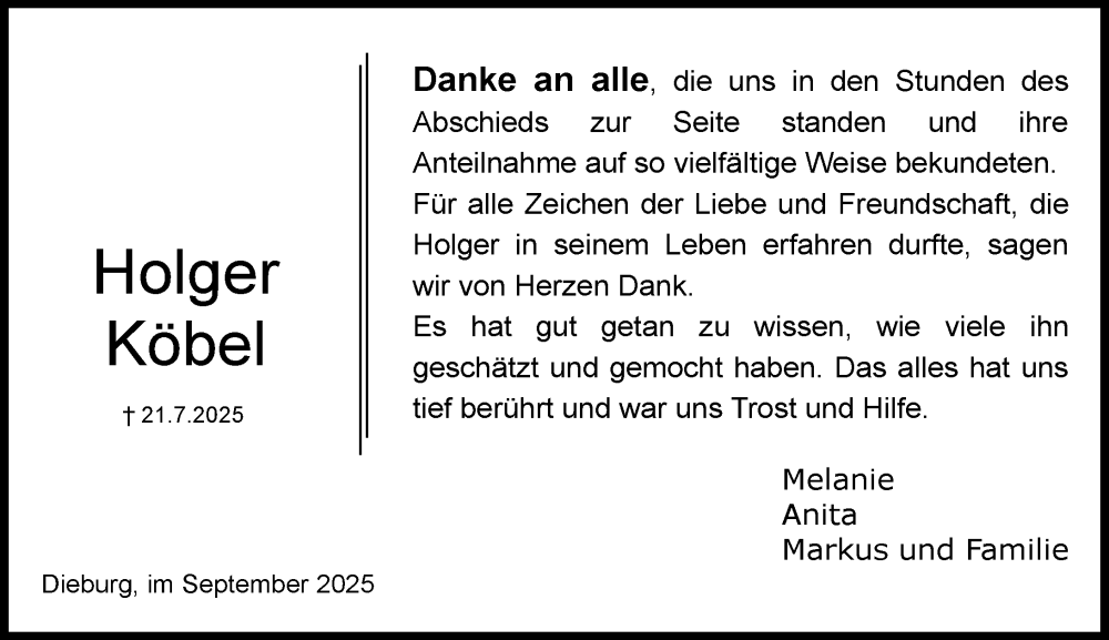  Traueranzeige für Holger Köbel vom 20.09.2025 aus Dieburger Anzeiger/Groß-Zimmerner Lokal-Anzeiger