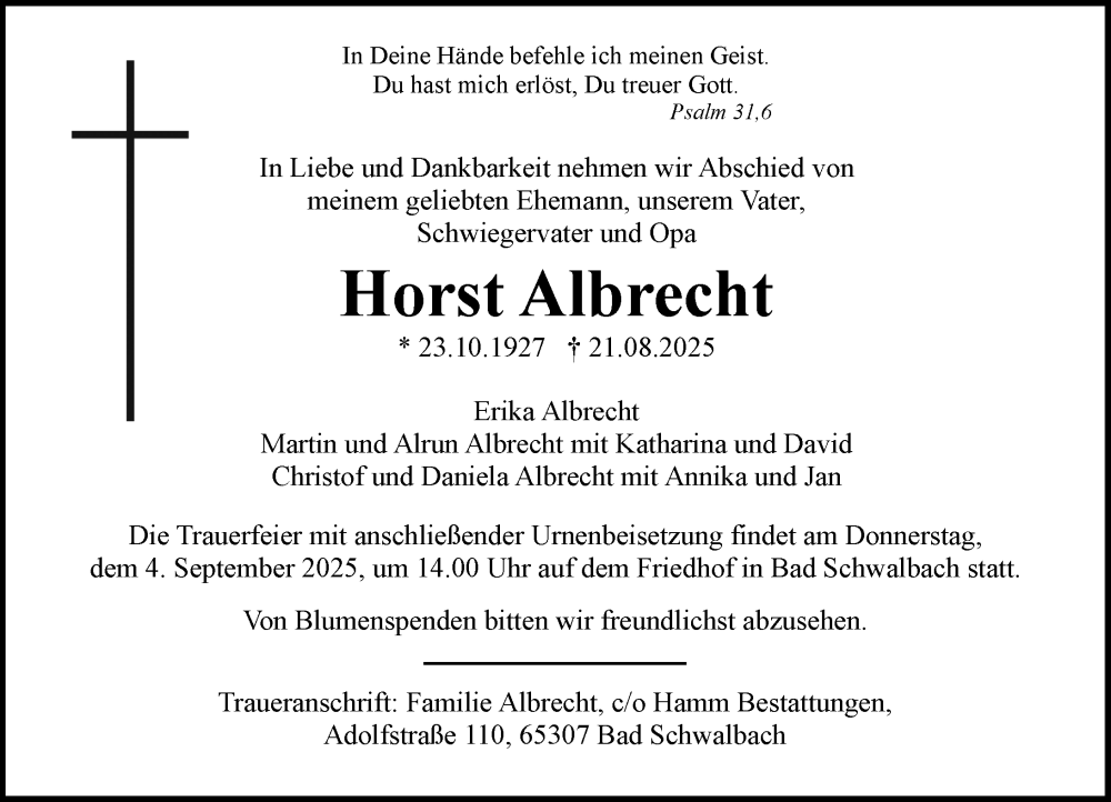  Traueranzeige für Horst Albrecht vom 30.08.2025 aus Wiesbadener Kurier