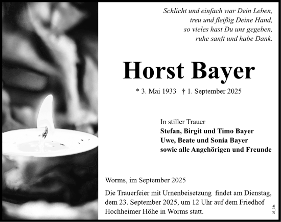 Traueranzeige von Horst Bayer von Wormser Zeitung