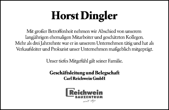 Traueranzeige von Horst Dingler von Wiesbadener Kurier