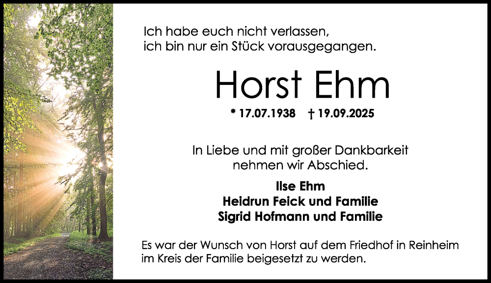  Traueranzeige für Horst Ehm vom 27.09.2025 aus Darmstädter Echo