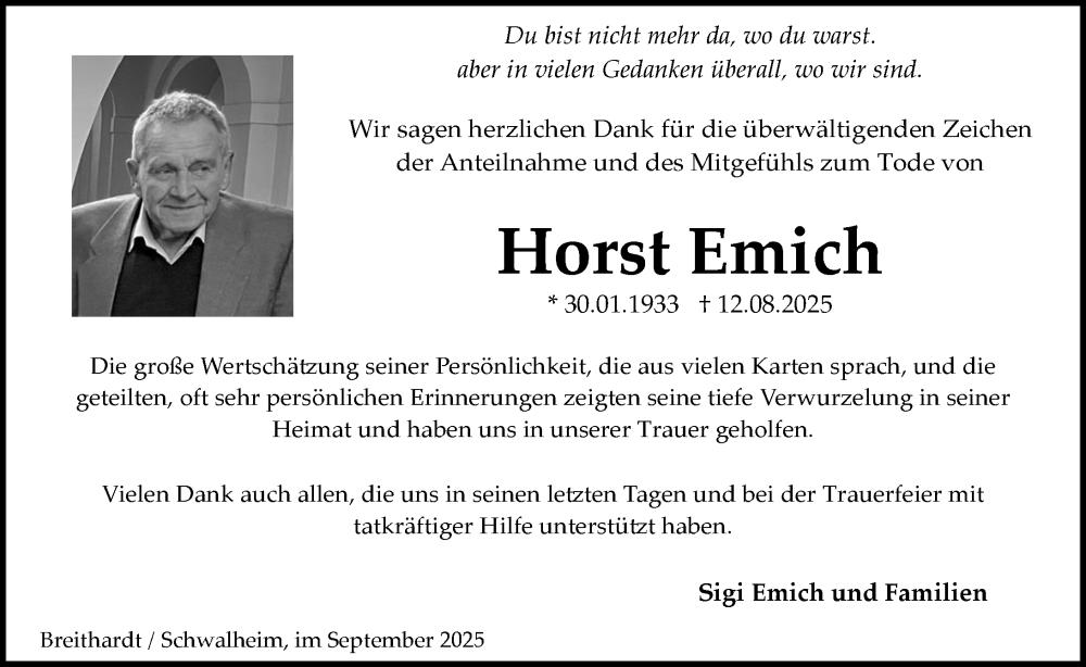  Traueranzeige für Horst Emich vom 27.09.2025 aus Wiesbadener Kurier