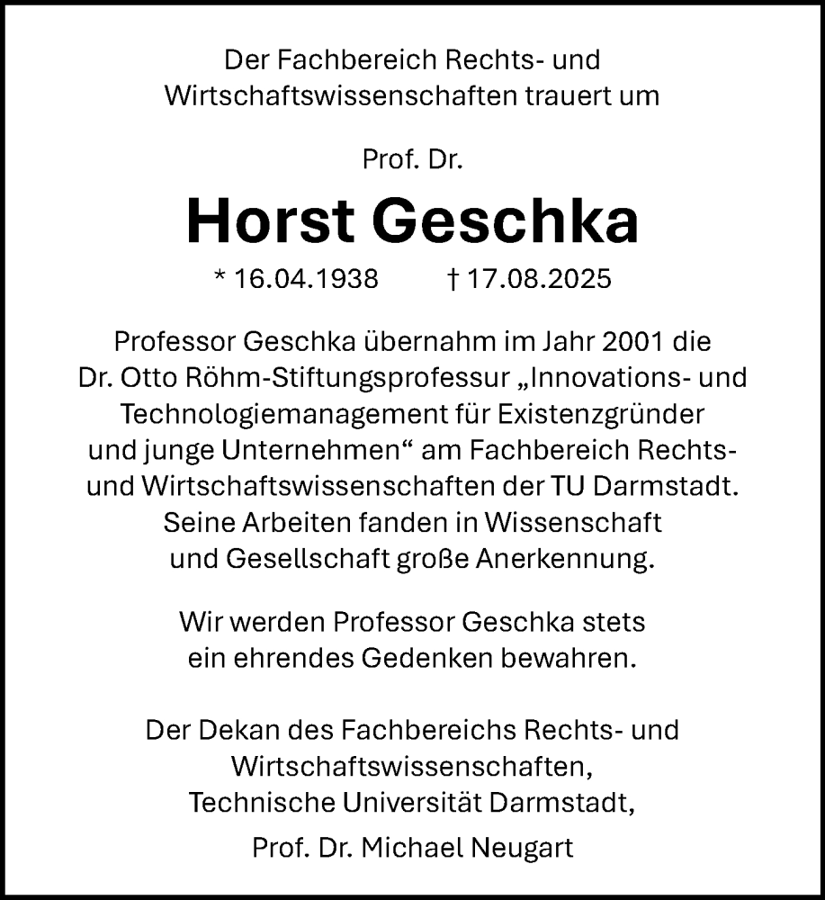  Traueranzeige für Horst Geschka vom 30.08.2025 aus Darmstädter Echo