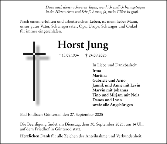 Traueranzeige von Horst Jung von Hinterländer Anzeiger