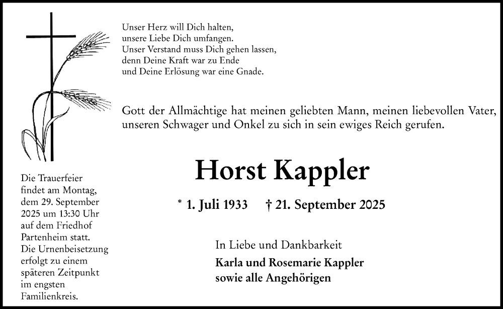 Traueranzeige für Horst Kappler vom 24.09.2025 aus Allgemeine Zeitung Alzey