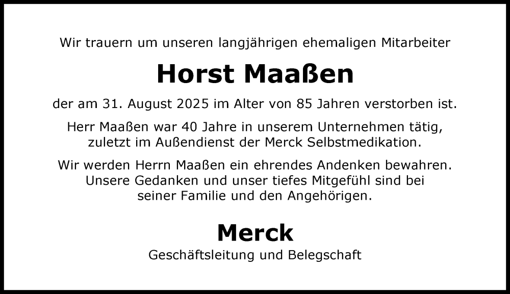  Traueranzeige für Horst Maaßen vom 13.09.2025 aus Darmstädter Echo