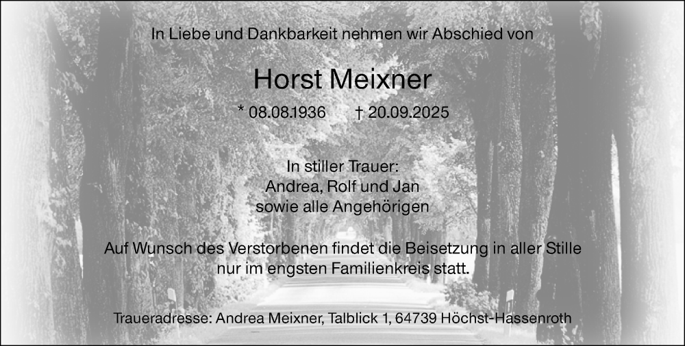  Traueranzeige für Horst Meixner vom 27.09.2025 aus Odenwälder Echo
