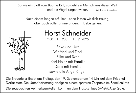 Traueranzeige von Horst Schneider von Wetzlarer Neue Zeitung