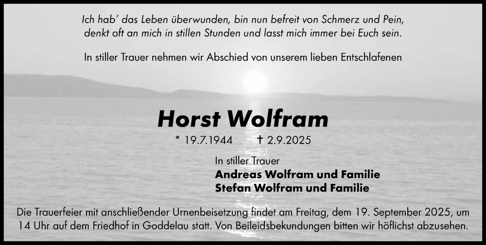  Traueranzeige für Horst Wolfram vom 13.09.2025 aus Darmstädter Echo