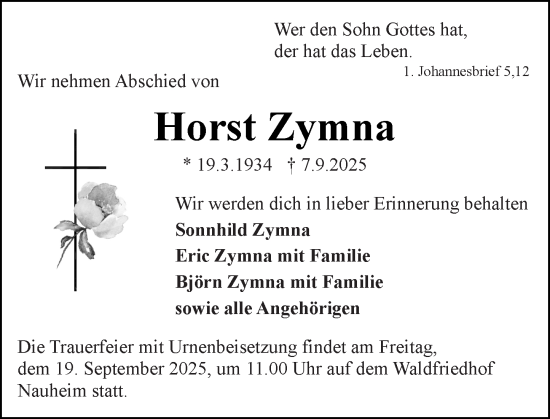 Traueranzeige von Horst Zymna von Rüsselsheimer Echo