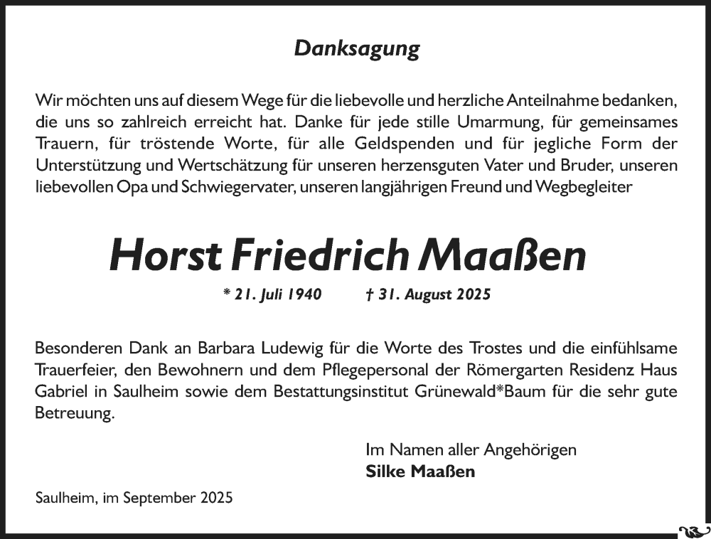  Traueranzeige für Horst Friedrich Maaßen vom 27.09.2025 aus Allgemeine Zeitung Alzey