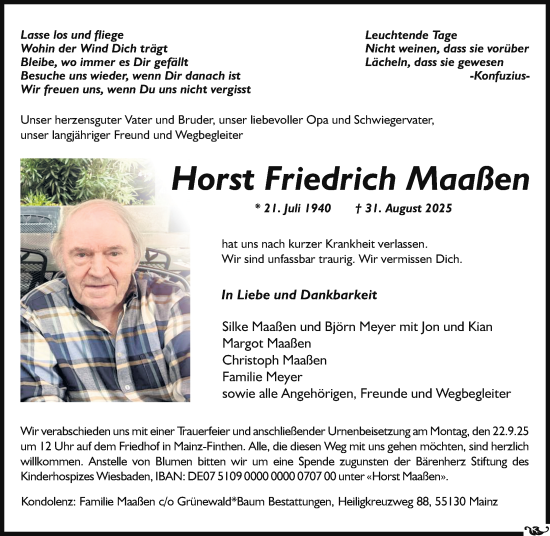 Traueranzeige von Horst Friedrich Maaßen von Allgemeine Zeitung Alzey
