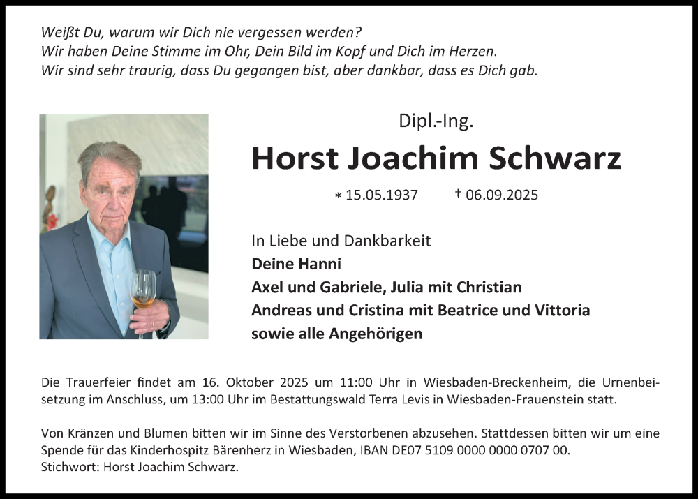  Traueranzeige für Horst Joachim Schwarz vom 20.09.2025 aus Wiesbadener Kurier