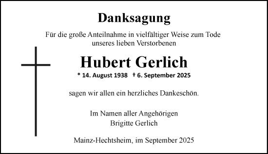 Traueranzeige von Hubert Gerlich von Allgemeine Zeitung Mainz