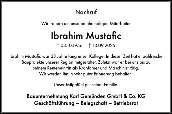 Traueranzeige von Ibrahim Mustafic von Allgemeine Zeitung Rheinhessen-Nahe