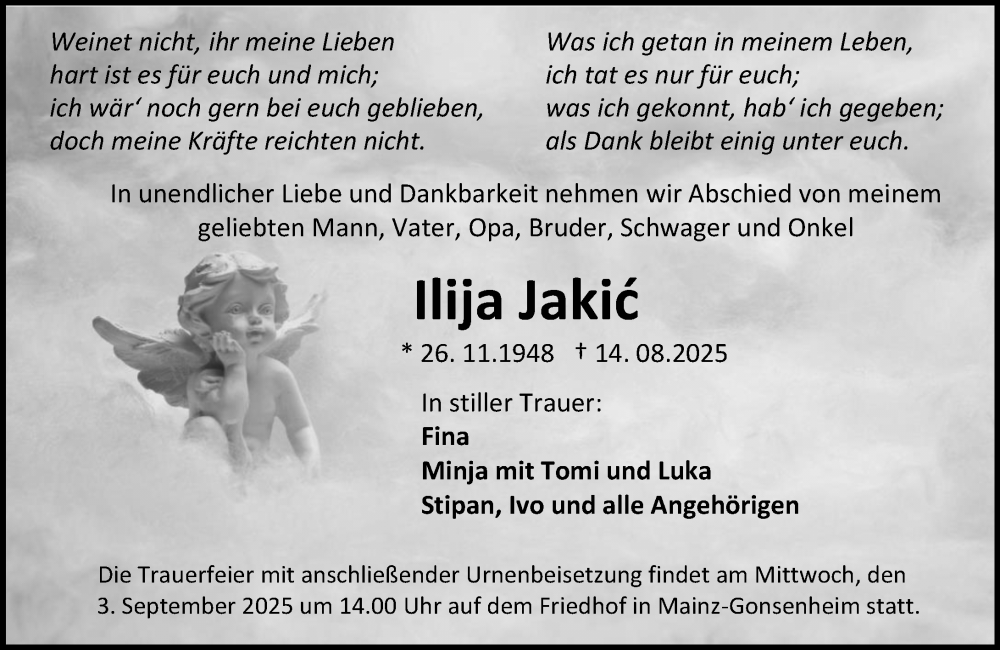  Traueranzeige für Ilija Jakic vom 30.08.2025 aus Allgemeine Zeitung Mainz