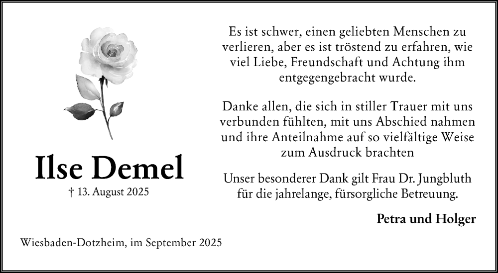  Traueranzeige für Ilse Demel vom 06.09.2025 aus Wiesbadener Kurier