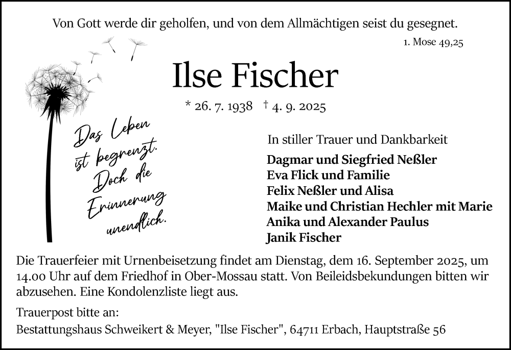 Traueranzeige für Ilse Fischer vom 13.09.2025 aus Odenwälder Echo
