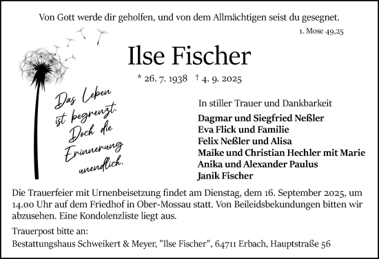 Traueranzeige von Ilse Fischer von Odenwälder Echo