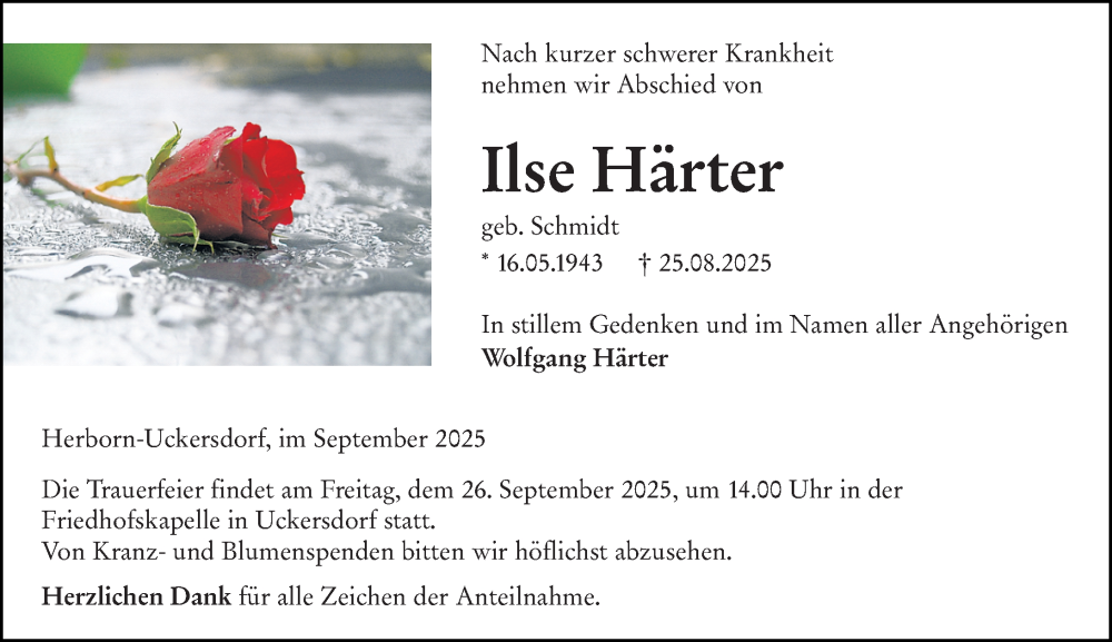  Traueranzeige für Ilse Härter vom 22.09.2025 aus Dill Block