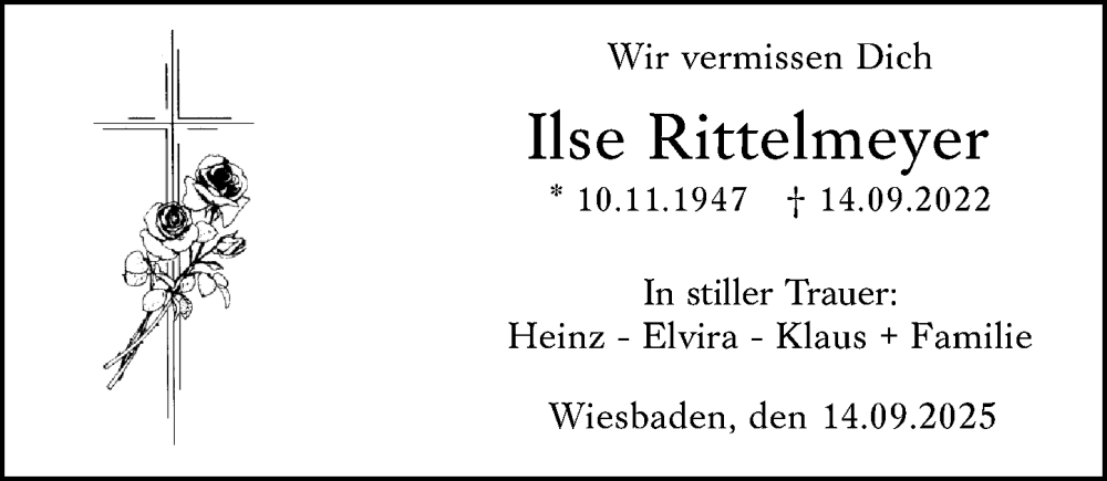  Traueranzeige für Ilse Rittelmeyer vom 13.09.2025 aus Wiesbadener Kurier