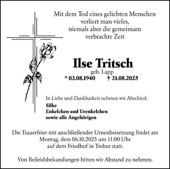 Traueranzeige von Ilse Tritsch von Rüsselsheimer Echo