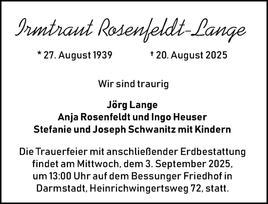 Traueranzeige von Imtraut Rosenfeldt-Lange von Darmstädter Echo