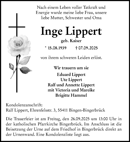 Traueranzeige von Inge Lippert von Binger-/Ingelheimer Wochenblatt
