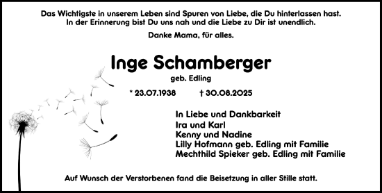 Traueranzeige von Inge Schamberger von Groß-Gerauer Echo