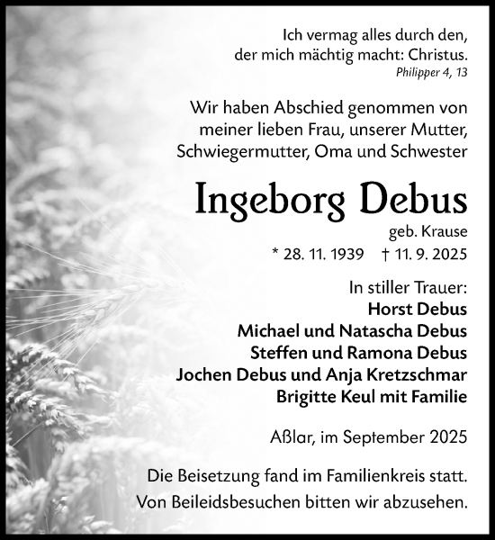 Traueranzeige von Ingeborg Debus von Wetzlarer Neue Zeitung
