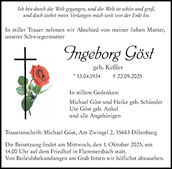 Traueranzeige von Ingeborg Göst von Dill Block