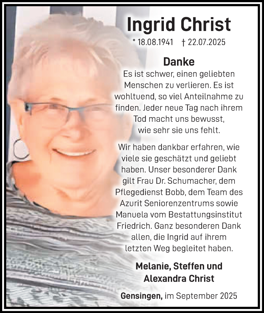  Traueranzeige für Ingrid Christ vom 06.09.2025 aus Allgemeine Zeitung Rheinhessen-Nahe