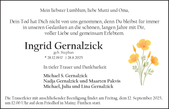 Traueranzeige von Ingrid Gernalzick von Allgemeine Zeitung Mainz