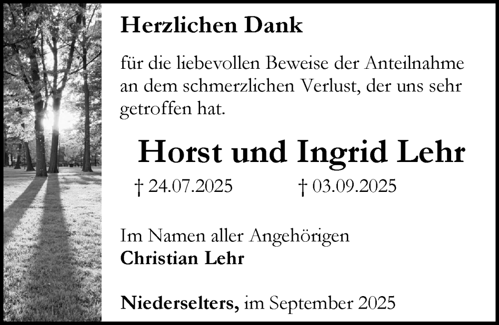  Traueranzeige für Ingrid Lehr vom 13.09.2025 aus Weilburger Tageblatt