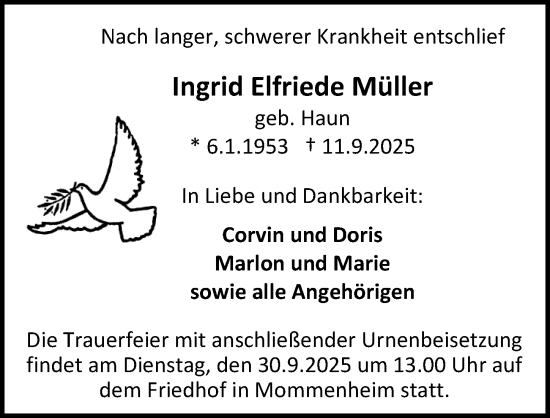 Traueranzeige von Ingrid Elfriede Müller von Allgemeine Zeitung Mainz