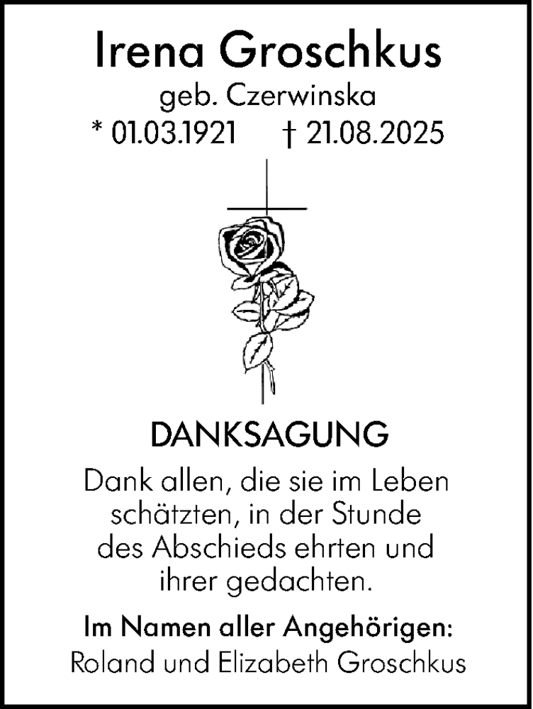  Traueranzeige für Irena Groschkus vom 06.09.2025 aus Dill Block